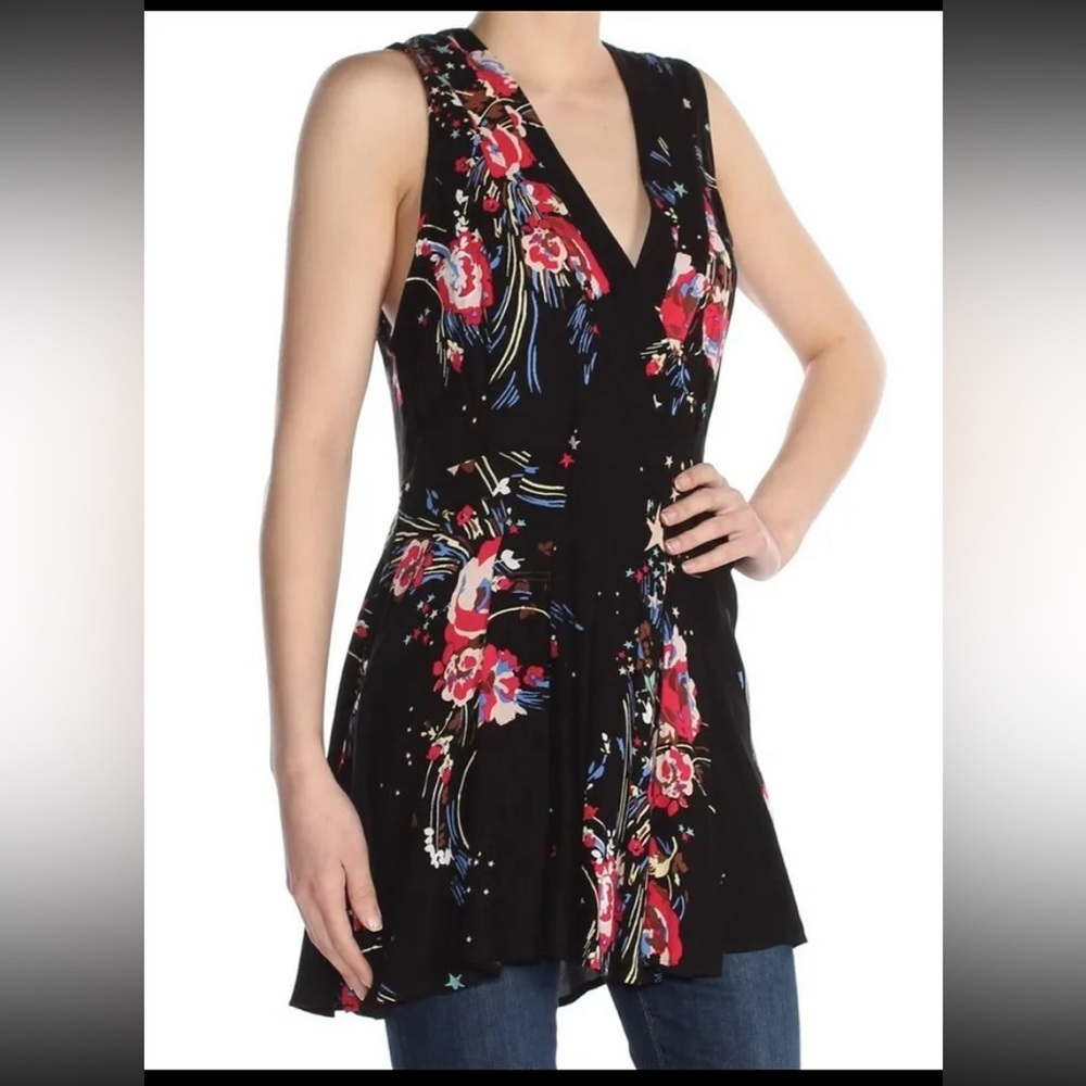 Free People Back to the Basics Floral Stars Tunic Black Womens Large